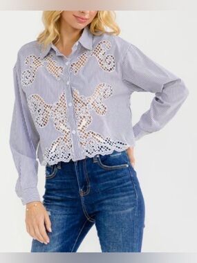 NWT Lace-Inset Striped Button-Up Pinstripe Black & White Top